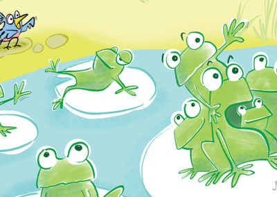picture book illustration of frogs in a pond