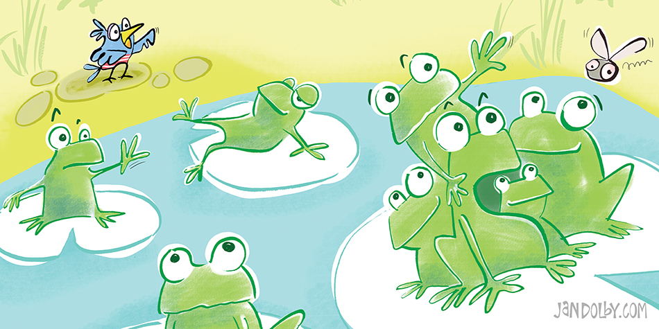 picture book illustration of frogs in a pond