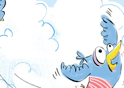 picture book illustration of blue birds in the clouds