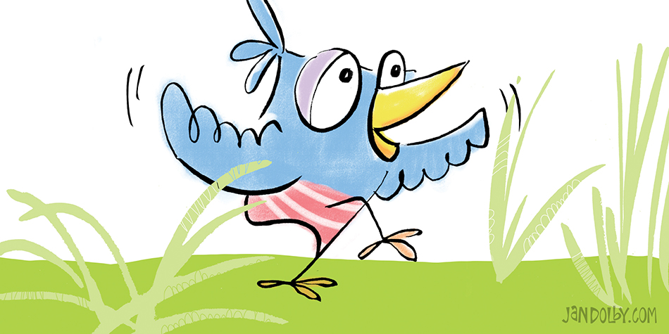 picture book illustrations of blue bird creeping through the grass