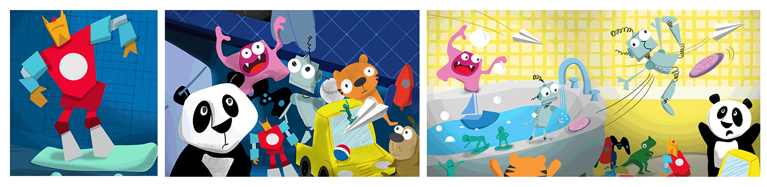 Colourful children's illustrations of various animals and robots