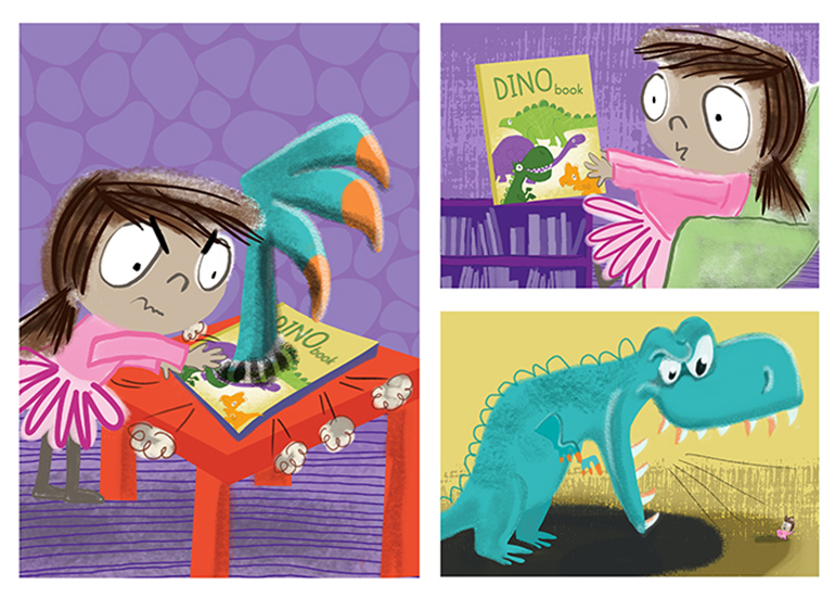 Colourful children's illustrations of a girl transforming into a dinosaur