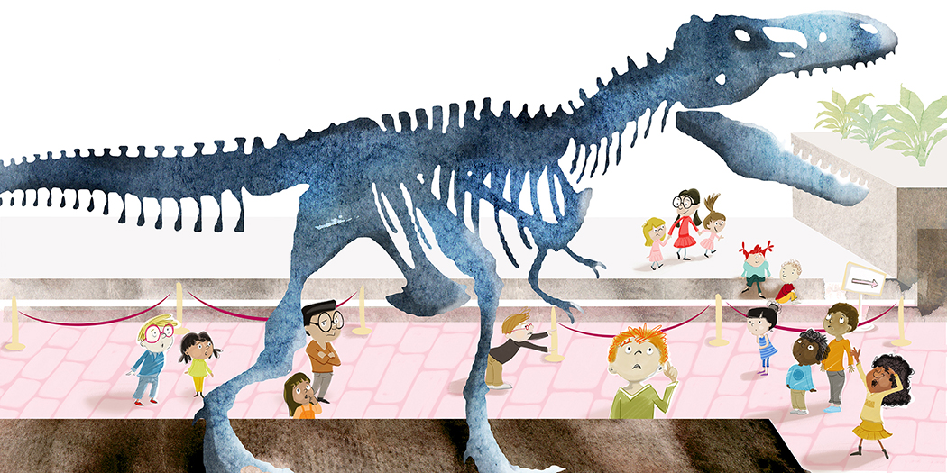 Children's illustration of a dinosaur skeleton in a museum