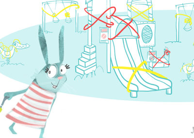 picture book illustration of rabbits at a closed playground