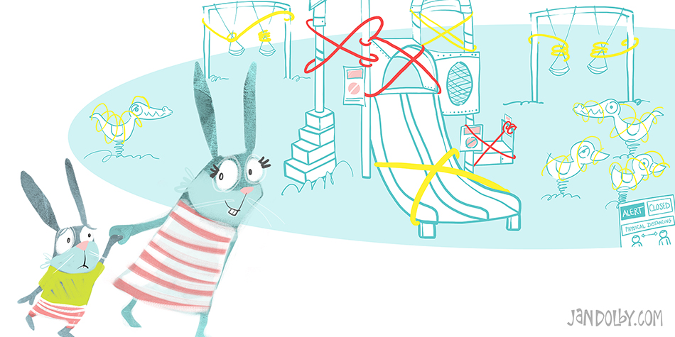 picture book illustration of rabbits at a closed playground