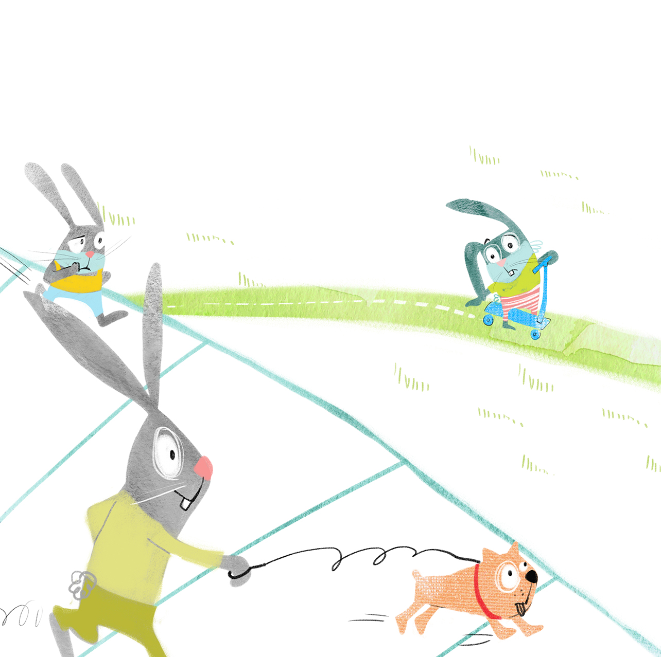 picture book illustration of rabbits walking a dog