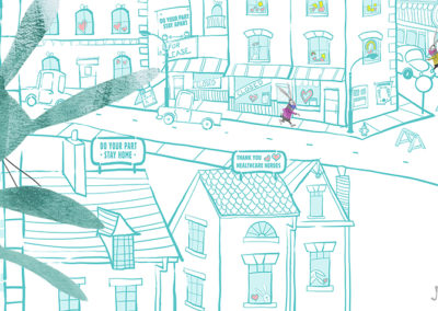 picture book illustration of rabbits looking at at city