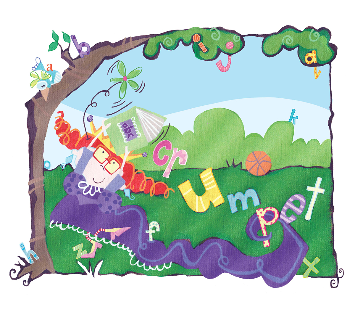 Children's illustration of a little girl under a tree