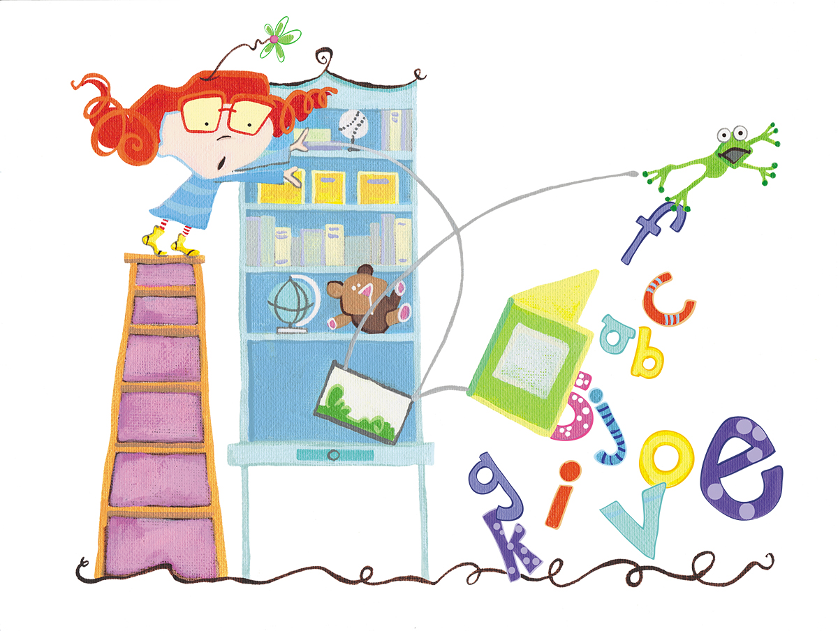 Children's illustration of girl at a bookshelf