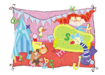 Children's illustration of girl with letters