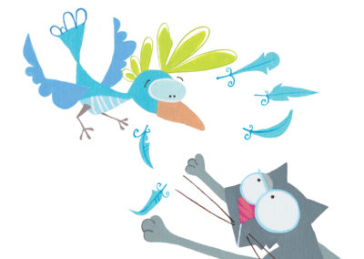 Children's illustration of a cat reaching for a scared bird
