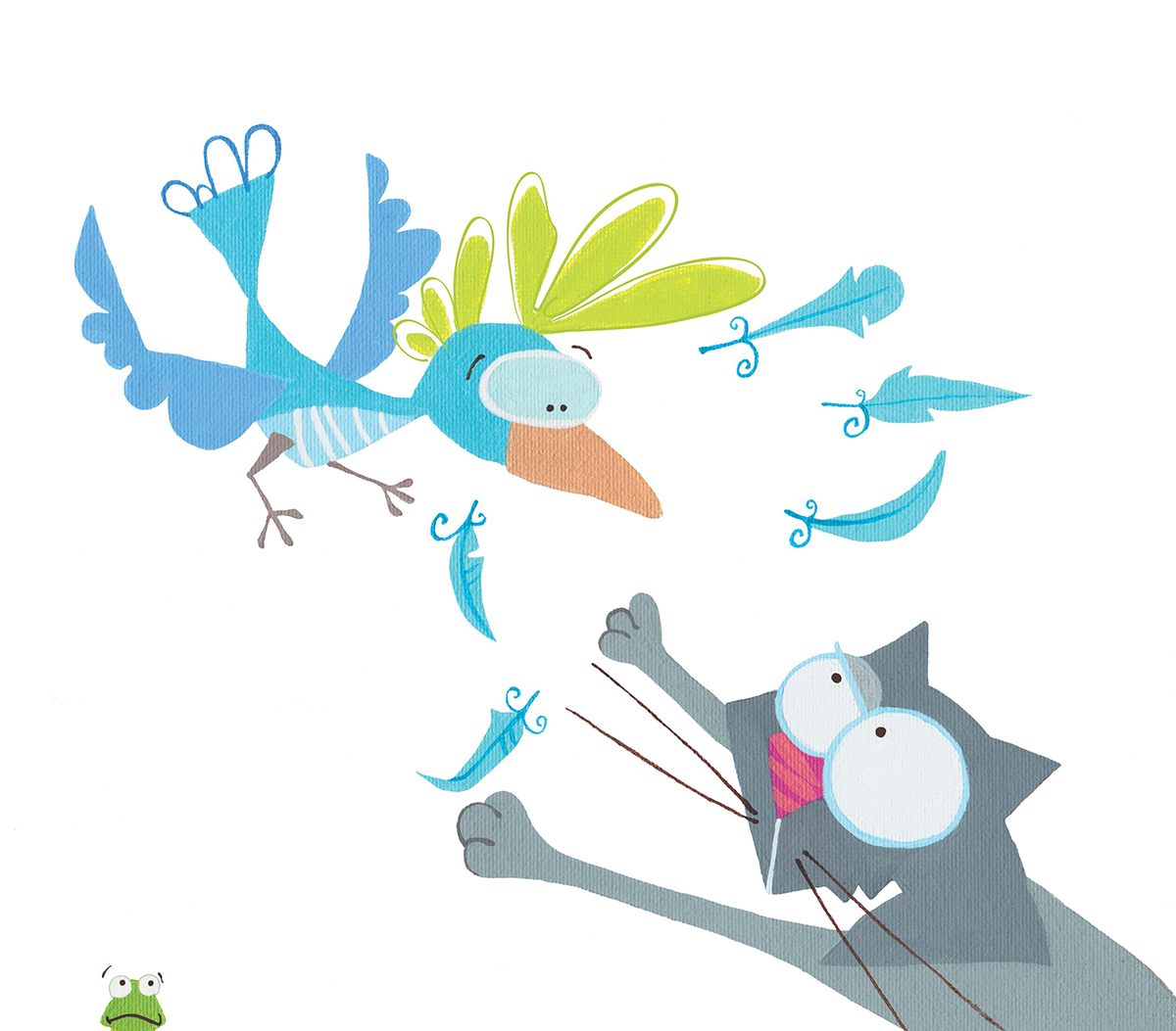 Children's illustration of a cat reaching for a scared bird