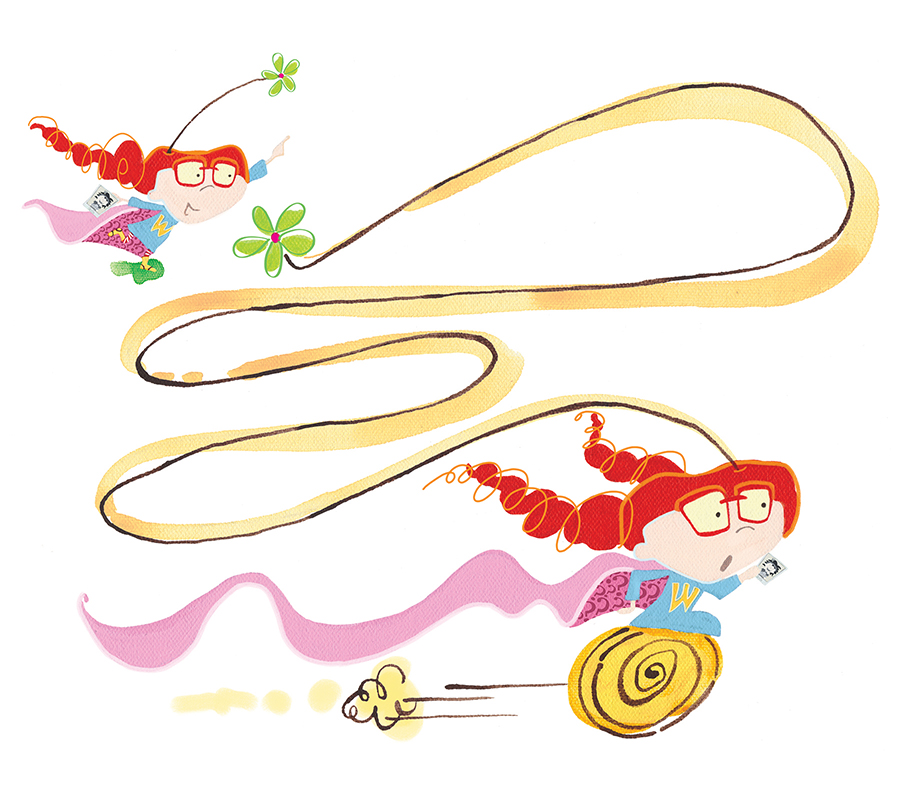 Picture book illustration of a girl running fast