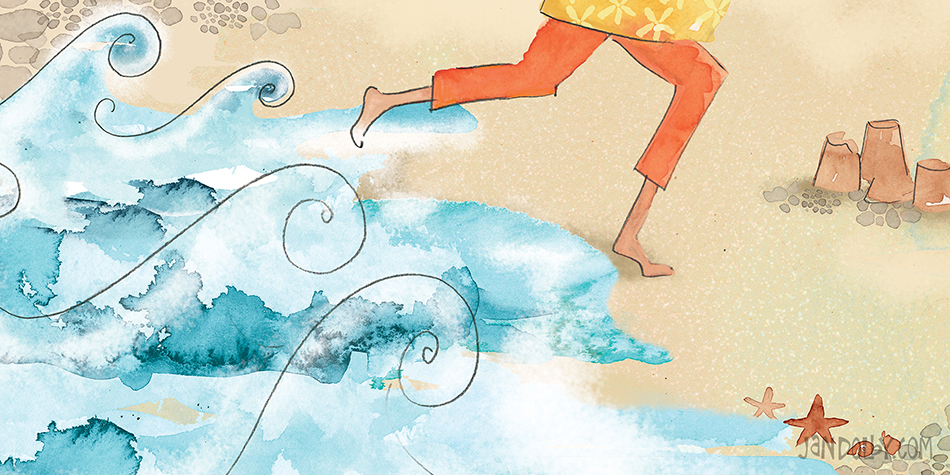 Picture book illustration of feet on a beach