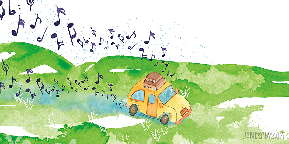 Picture book illustration of a car playing music