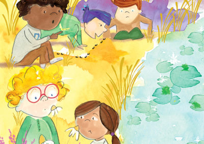 picture book illustration of kids by a pond