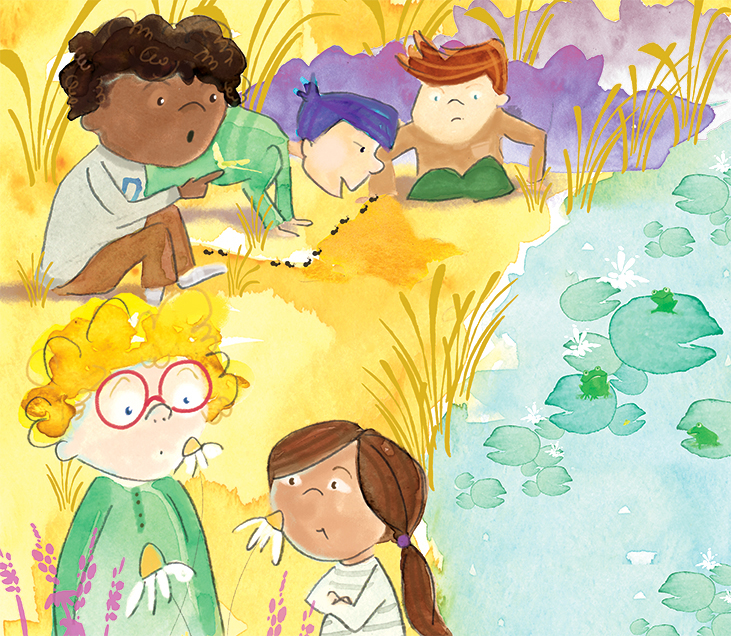 picture book illustration of kids by a pond