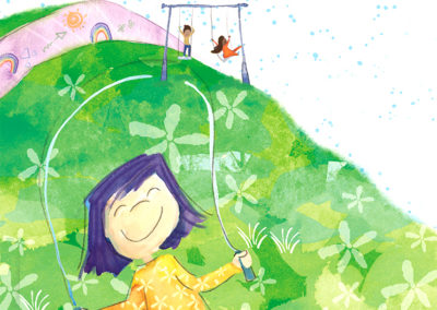 picture book illustration of a girl skipping with a rope at a playground