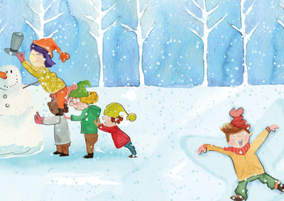 picture book illustration of kids making a snowman and snow angels