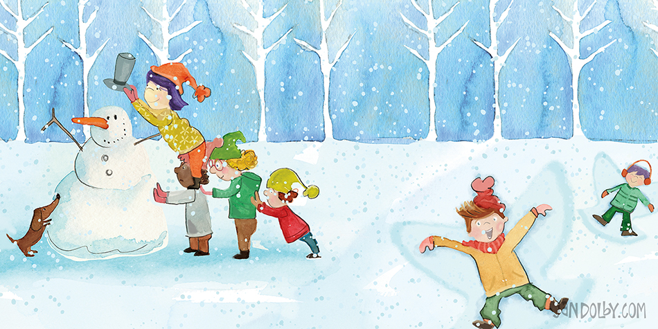 picture book illustration of kids making a snowman and snow angels