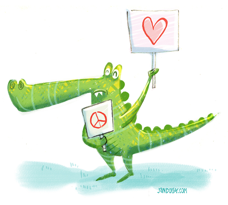 Illustration of an alligator holding up a peace sign