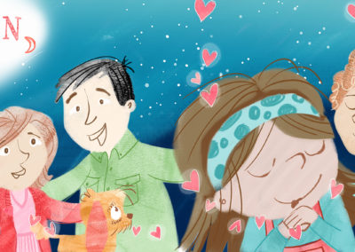 Children's picture book illustration of girl with her family