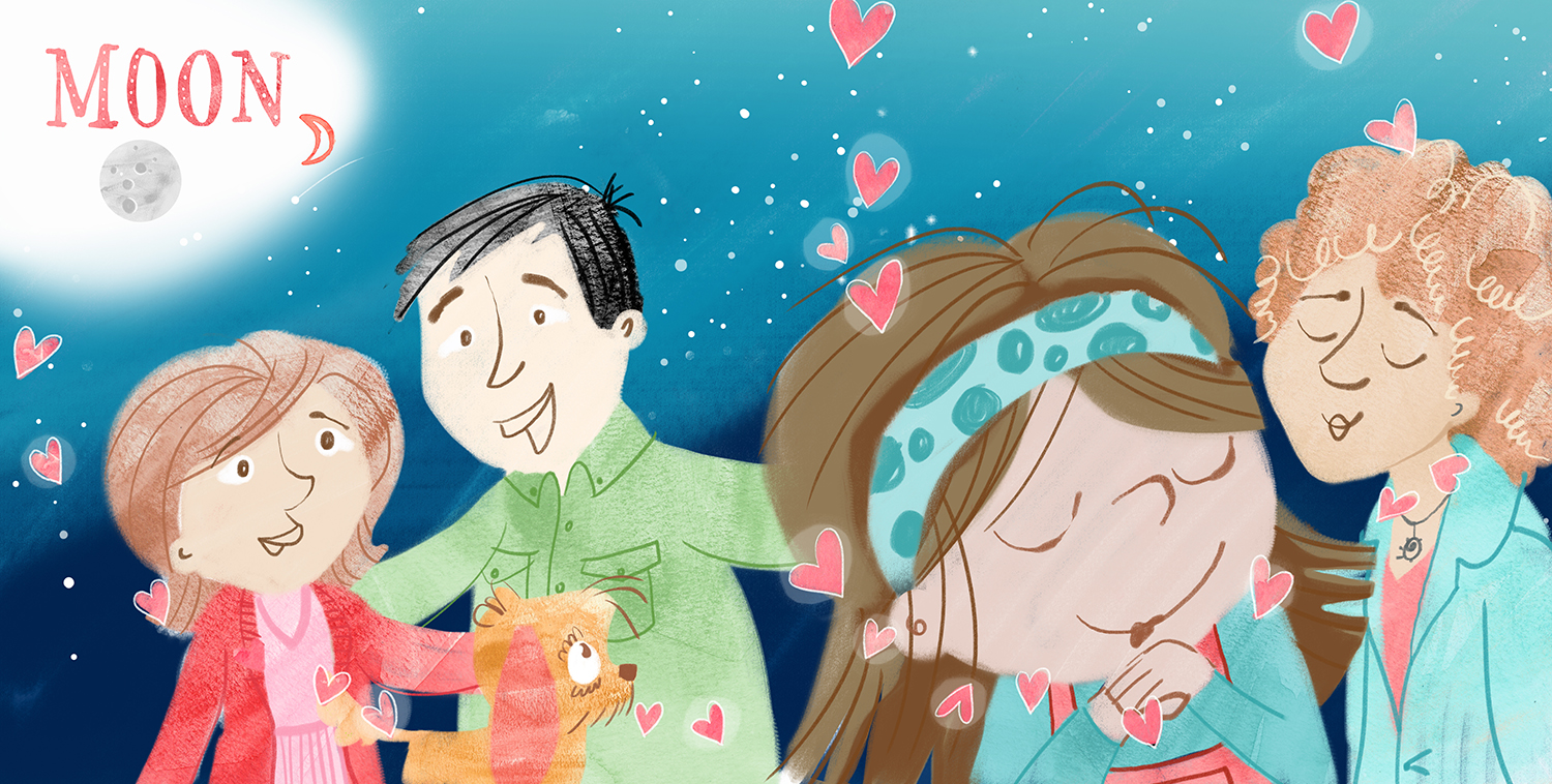 Children's picture book illustration of girl with her family