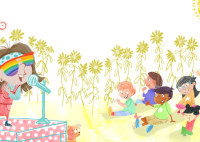 children's picture book illustration of a girl performing for an audience