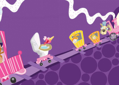 Children's illustration of kids and animals on a train