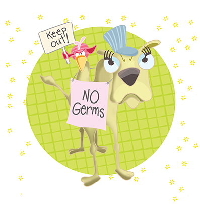 Children's illustratin of a dog and a bird holding a sign saying "Keep Out No Germs"