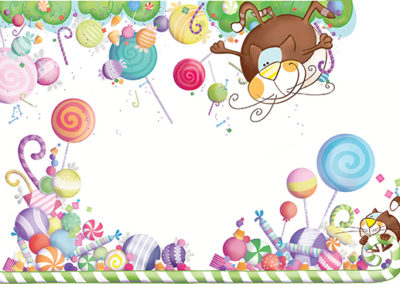 children's illustration of a cat in a candy tree