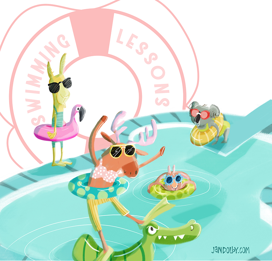 children's illustration of animals swimming in a pool
