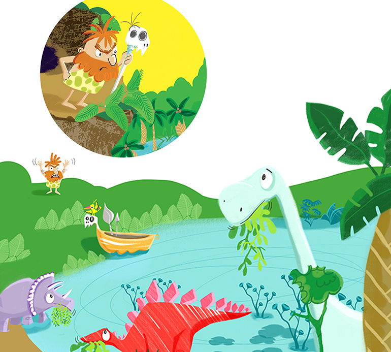 Children's illustration of dinosaurs eating around a pond