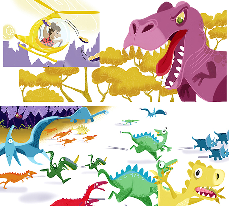 Children's illustrations of colour dinosaurs