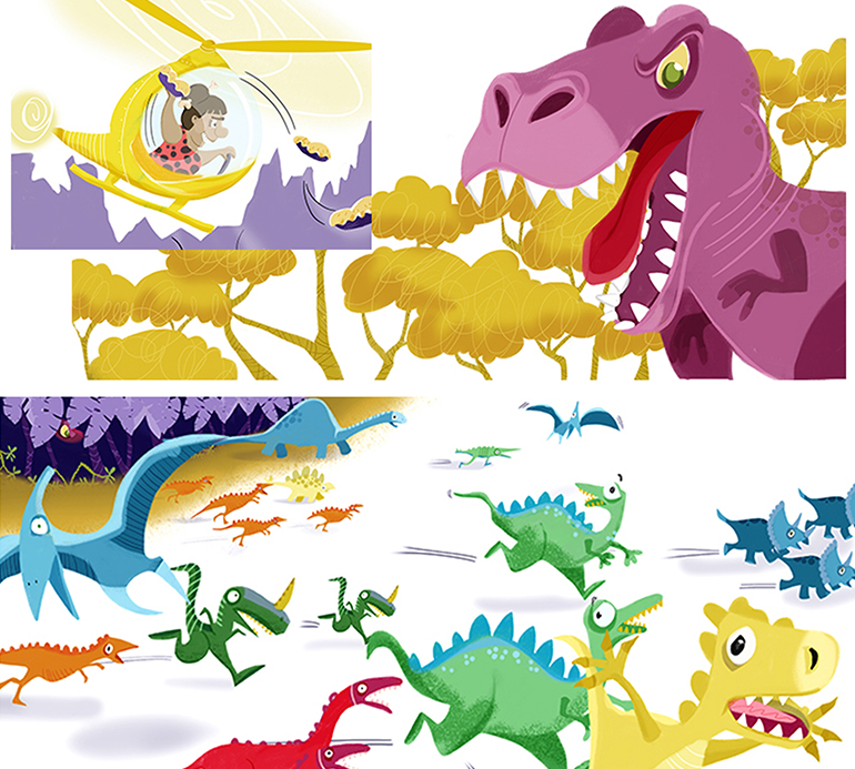 Children's illustrations of colour dinosaurs