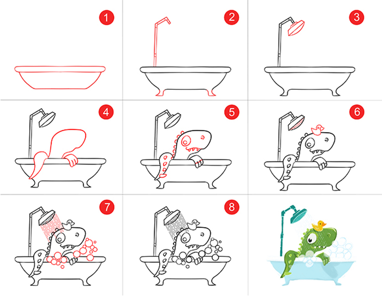 step-by-step instructions on how to draw a dinosaur in a bath