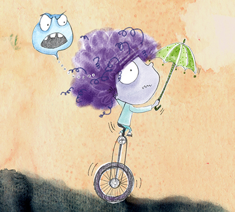 Picture book illustration of a sad child riding a unicycle