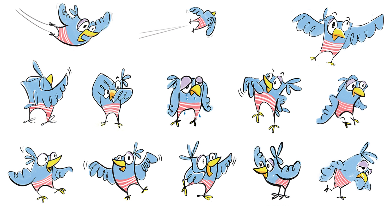 Multiple illustrations of a baby bird expressing different emotions