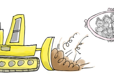 Illustration of a truck, a tractor, a family portrait, a suitcase and trophies