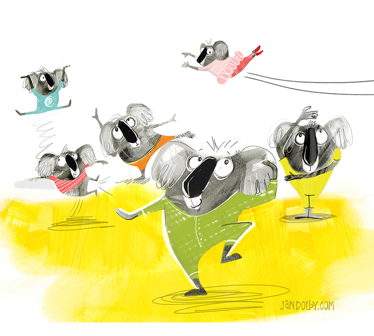 Children's illustration of koala bears dancing