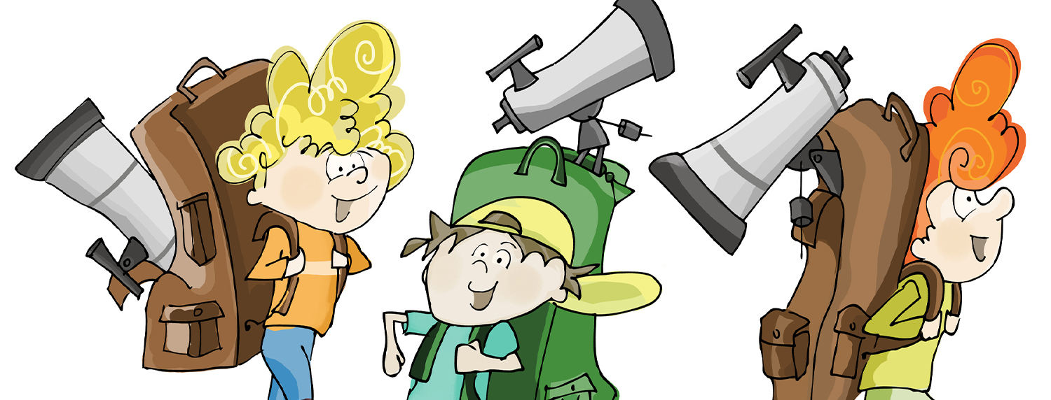 Children's illustration of a boy with a backpack and telescope