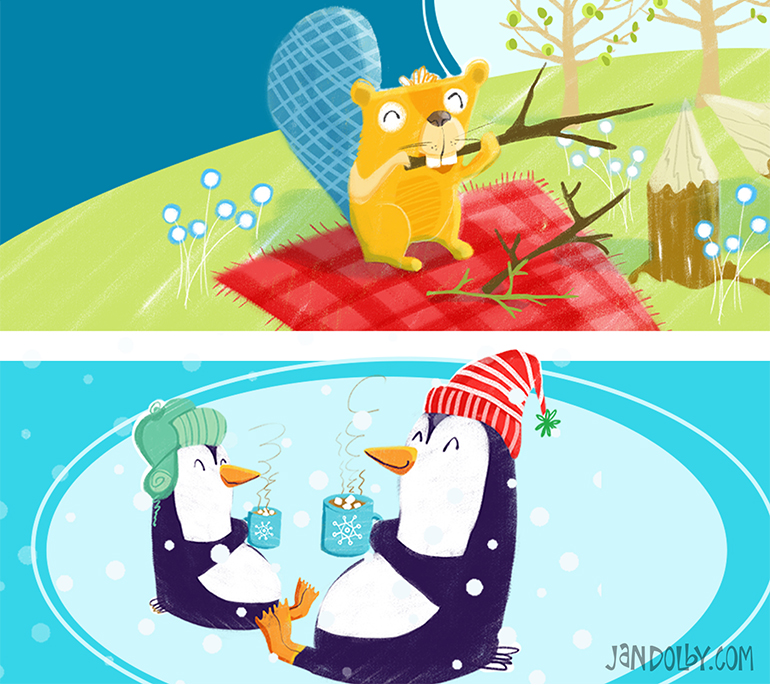 illustrations of a beaver and penguins