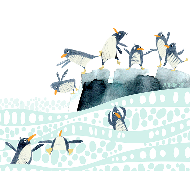 children's illustration of penguins having fun diving into water