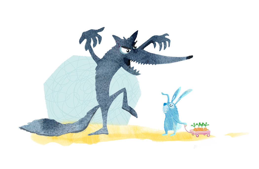 rabbit wolf-CutoutSm Illustration of museum with dinosaur skeleton