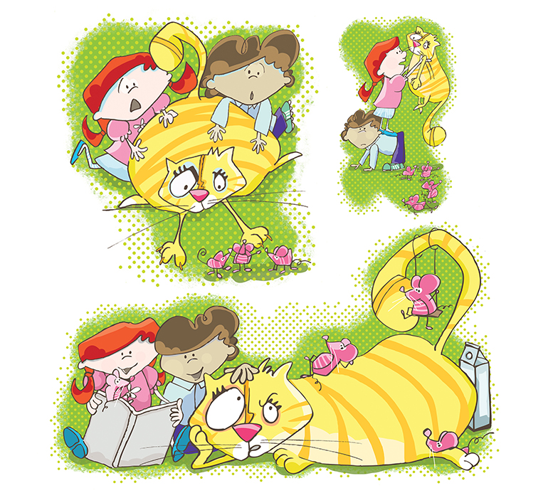 Children's illustrations of two children with a big yellow cat