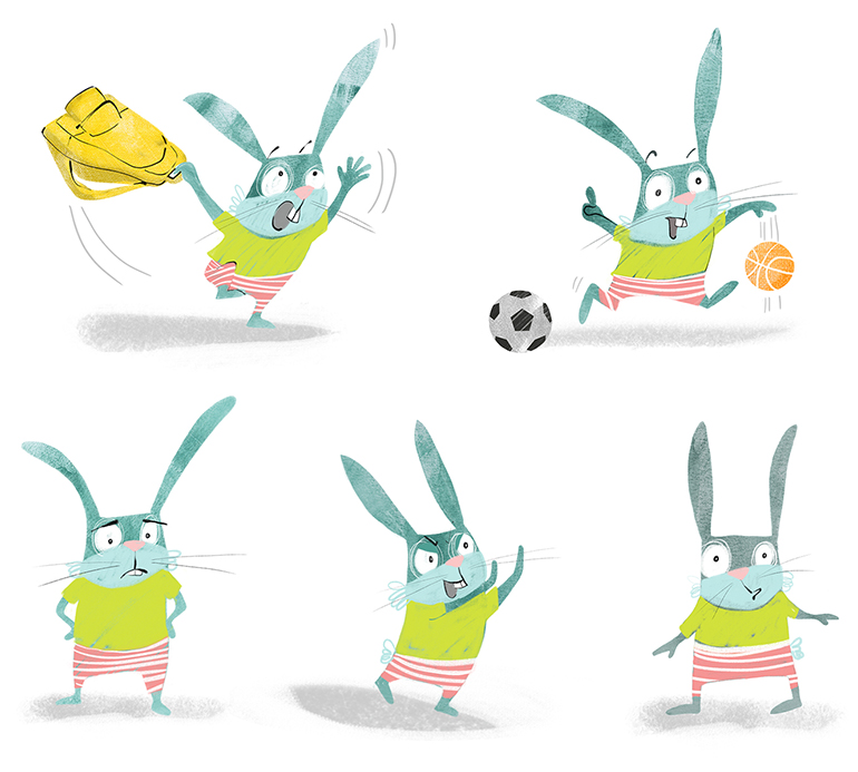 Various picture book illustrations of a bunny doing different things