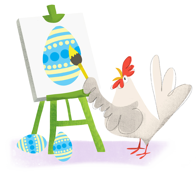 An illustration of a hen painting an easter egg
