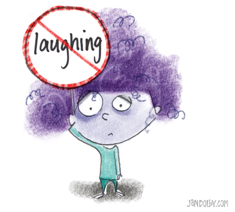 Illustration of sad purple hair kid with a "no laughing" symbol