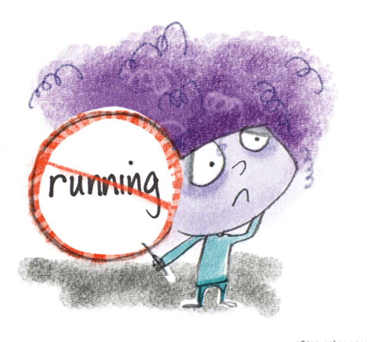 Illustration of sad purple hair kid with a "no running" symbol