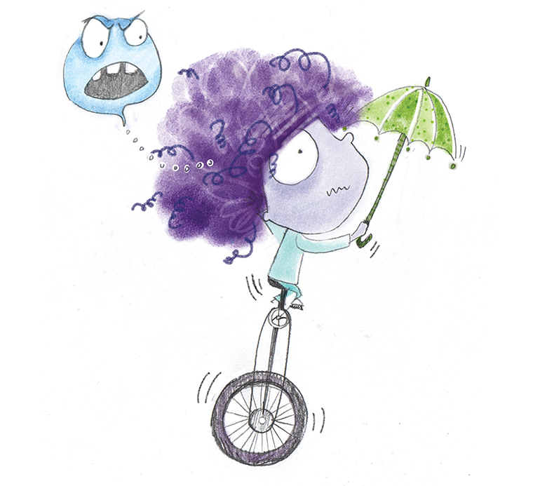 Illustration of purple hair kid riding a unicycle